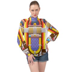 Jukebox Music Record Player Retro High Neck Long Sleeve Chiffon Top