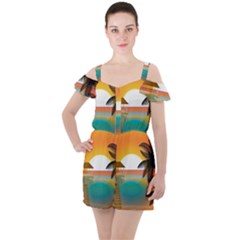 Sunset Beach Beach Palm Ocean Ruffle Cut Out Chiffon Playsuit by Simbadda