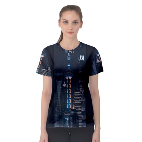 Lighted Tower Beside Building Women s Sport Mesh Tee by Simbadda