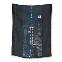 Lighted Tower Beside Building Medium Tapestry by Simbadda