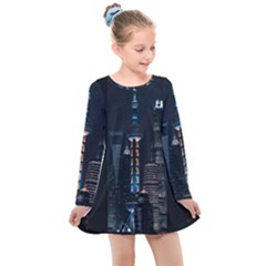 Lighted Tower Beside Building Kids  Long Sleeve Dress by Simbadda