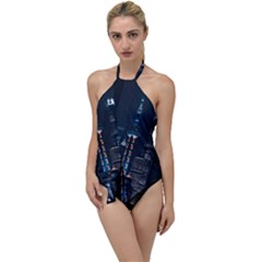 Lighted Tower Beside Building Go With The Flow One Piece Swimsuit by Simbadda