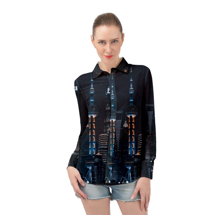 Lighted Tower Beside Building Long Sleeve Chiffon Shirt