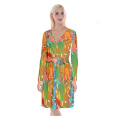 Background Colorful Abstract Long Sleeve Velvet Front Wrap Dress by Simbadda