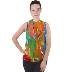 Background Colorful Abstract Mock Neck Chiffon Sleeveless Top by Simbadda