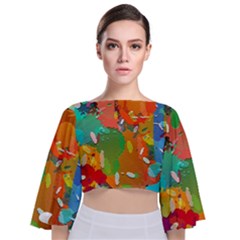 Background Colorful Abstract Tie Back Butterfly Sleeve Chiffon Top by Simbadda