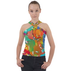 Background Colorful Abstract Cross Neck Velour Top by Simbadda