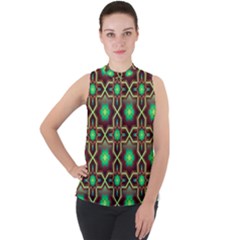 Pattern Background Bright Brown Mock Neck Chiffon Sleeveless Top by Simbadda