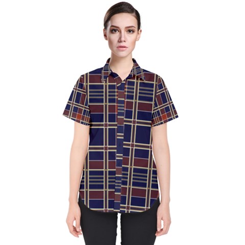 Plaid Tartan Scottish Navy Gold Women s Short Sleeve Shirt by Simbadda