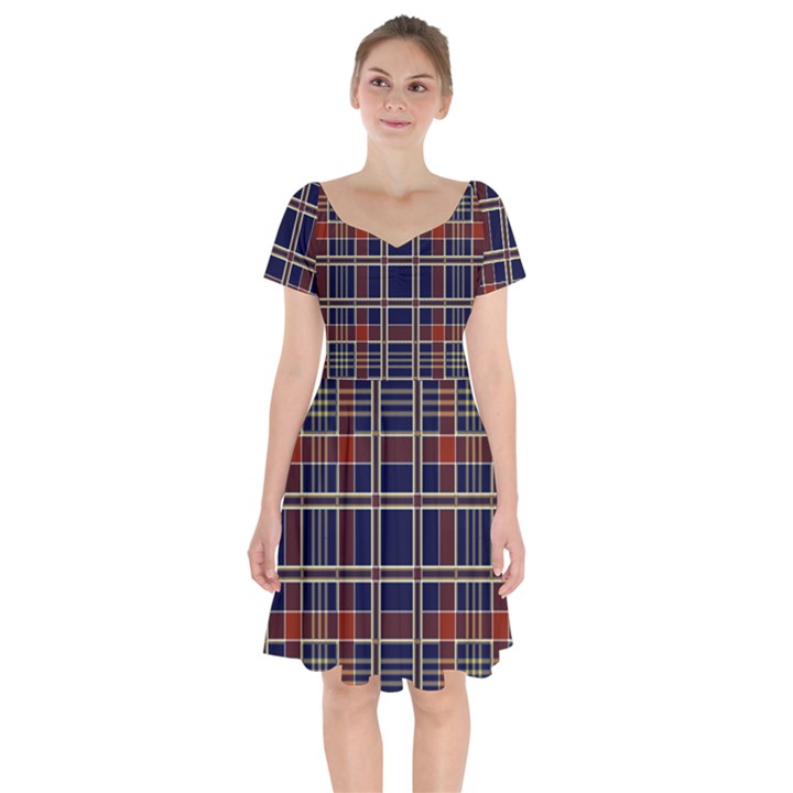 Plaid Tartan Scottish Navy Gold Short Sleeve Bardot Dress