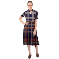 Plaid Tartan Scottish Navy Gold Keyhole Neckline Chiffon Dress