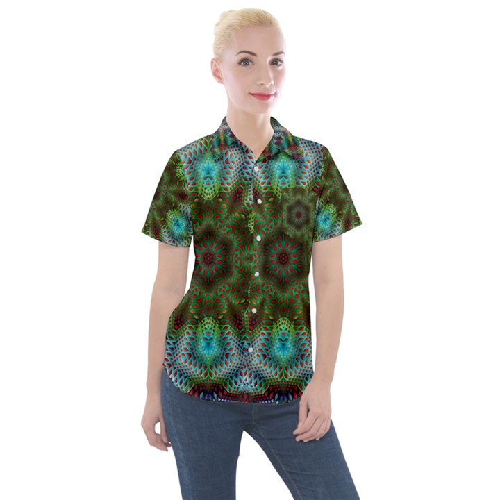 Art Background Flames Women s Short Sleeve Pocket Shirt