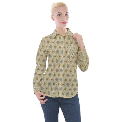 Star Basket Pattern Basket Pattern Women s Long Sleeve Pocket Shirt by Simbadda