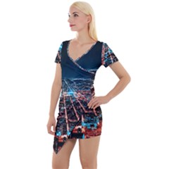 Aerial Shot Of Buildings Short Sleeve Asymmetric Mini Dress by Simbadda