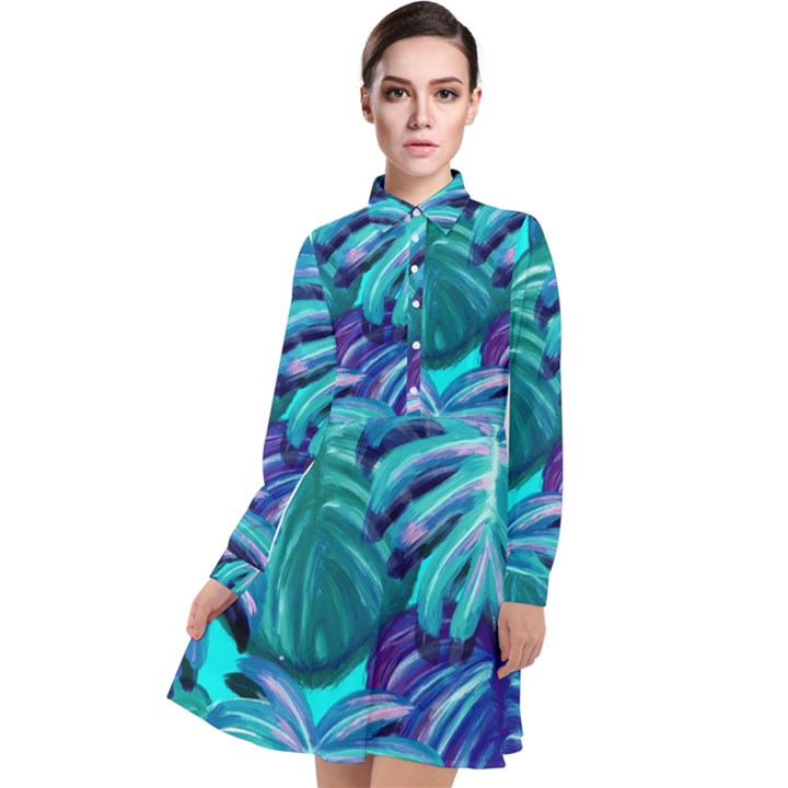 Leaves Tropical Palma Jungle Long Sleeve Chiffon Shirt Dress