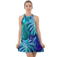 Leaves Tropical Palma Jungle Halter Tie Back Chiffon Dress