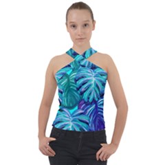 Leaves Tropical Palma Jungle Cross Neck Velour Top by Simbadda