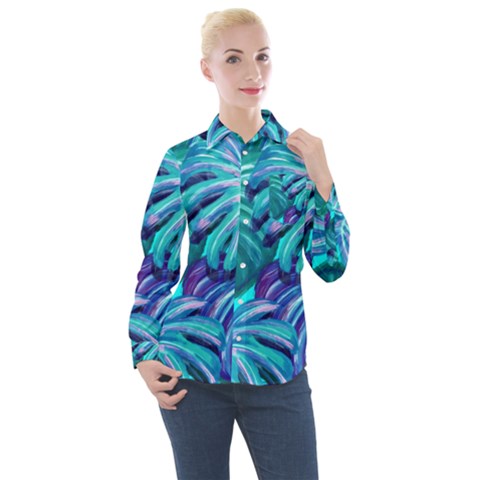 Leaves Tropical Palma Jungle Women s Long Sleeve Pocket Shirt by Simbadda