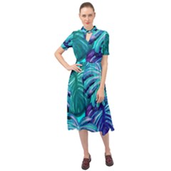 Leaves Tropical Palma Jungle Keyhole Neckline Chiffon Dress