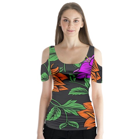 Floral Background Drawing Butterfly Sleeve Cutout Tee  by Simbadda