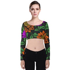 Floral Background Drawing Velvet Long Sleeve Crop Top by Simbadda