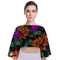 Floral Background Drawing Tie Back Butterfly Sleeve Chiffon Top by Simbadda