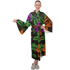 Floral Background Drawing Maxi Tie Front Velour Kimono