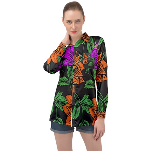 Floral Background Drawing Long Sleeve Satin Shirt by Simbadda