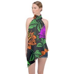 Floral Background Drawing Halter Asymmetric Satin Top by Simbadda