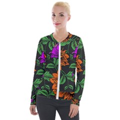 Floral Background Drawing Velour Zip Up Jacket