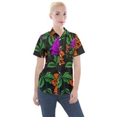 Floral Background Drawing Women s Short Sleeve Pocket Shirt