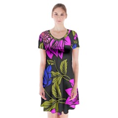 Botany Floral Flower Plant Petals Short Sleeve V-neck Flare Dress by Simbadda