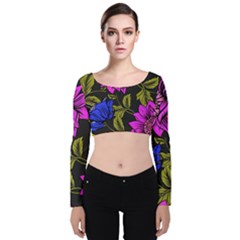 Botany Floral Flower Plant Petals Velvet Long Sleeve Crop Top by Simbadda