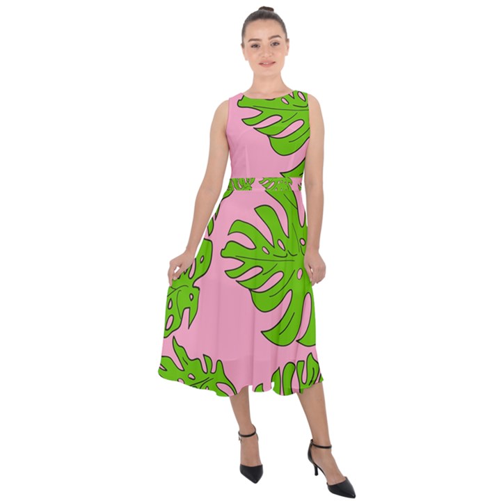 Leaves Tropical Plant Green Garden Midi Tie-Back Chiffon Dress