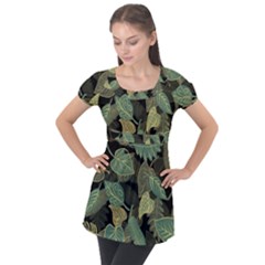 Autumn Fallen Leaves Dried Leaves Puff Sleeve Tunic Top by Simbadda