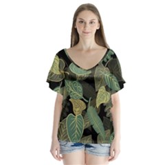 Autumn Fallen Leaves Dried Leaves V-neck Flutter Sleeve Top by Simbadda