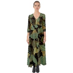 Autumn Fallen Leaves Dried Leaves Button Up Boho Maxi Dress