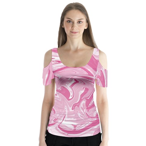 Marble Painting Texture Pattern Pink Butterfly Sleeve Cutout Tee  by Simbadda