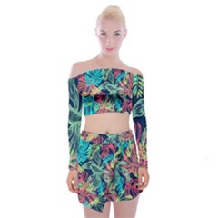 Leaves Tropical Picture Plant Off Shoulder Top With Mini Skirt Set by Simbadda