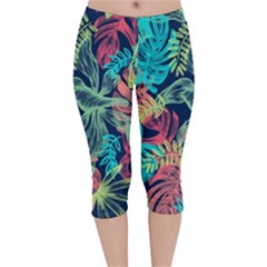 Leaves Tropical Picture Plant Velvet Capri Leggings 