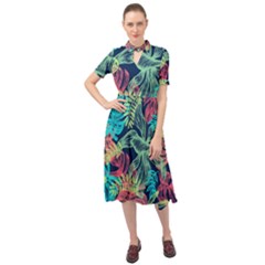 Leaves Tropical Picture Plant Keyhole Neckline Chiffon Dress