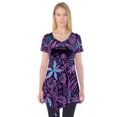 Stamping Pattern Leaves Drawing Short Sleeve Tunic  by Simbadda