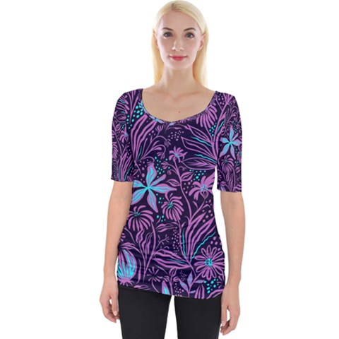 Stamping Pattern Leaves Drawing Wide Neckline Tee by Simbadda