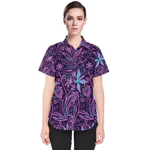 Stamping Pattern Leaves Drawing Women s Short Sleeve Shirt by Simbadda