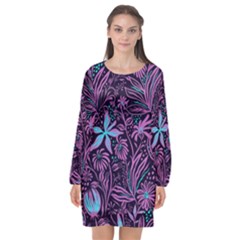 Stamping Pattern Leaves Drawing Long Sleeve Chiffon Shift Dress  by Simbadda