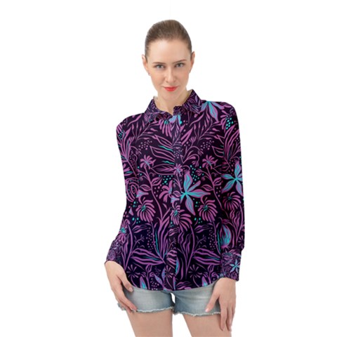 Stamping Pattern Leaves Drawing Long Sleeve Chiffon Shirt by Simbadda