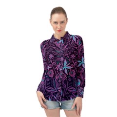 Stamping Pattern Leaves Drawing Long Sleeve Chiffon Shirt