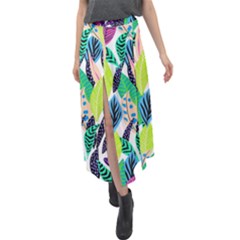 Leaves Drawing Pattern Nature Velour Split Maxi Skirt