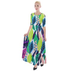 Leaves Drawing Pattern Nature Half Sleeves Maxi Dress