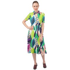 Leaves Drawing Pattern Nature Keyhole Neckline Chiffon Dress